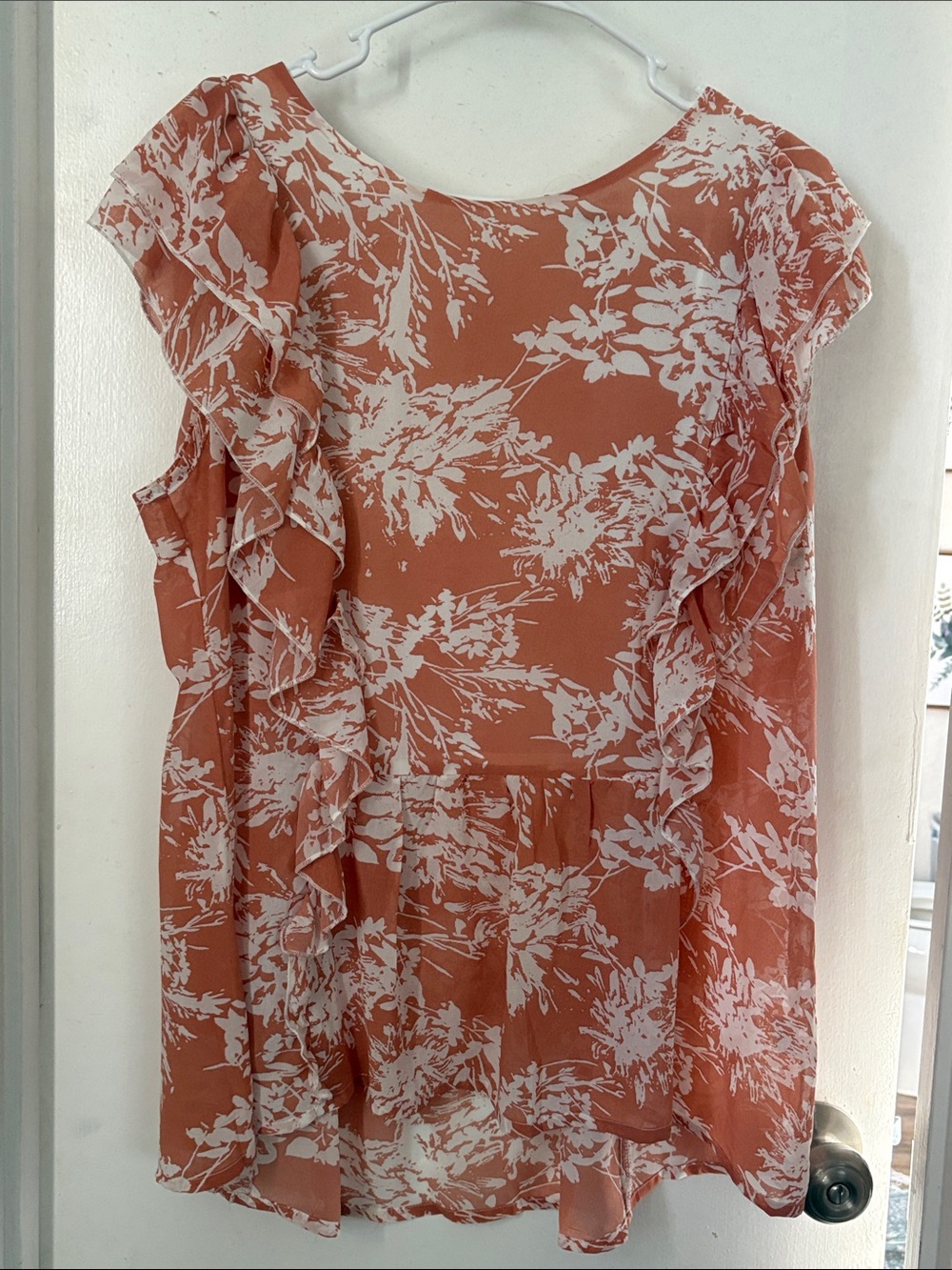 Ruffle Floral Blouse in Rust with White Print